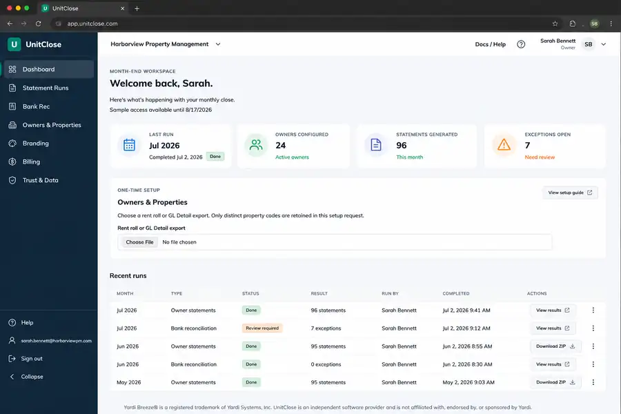 UnitClose dashboard for Harborview Property Management with Sarah Bennett, month-end summary cards, recent statement runs, and bank reconciliation results