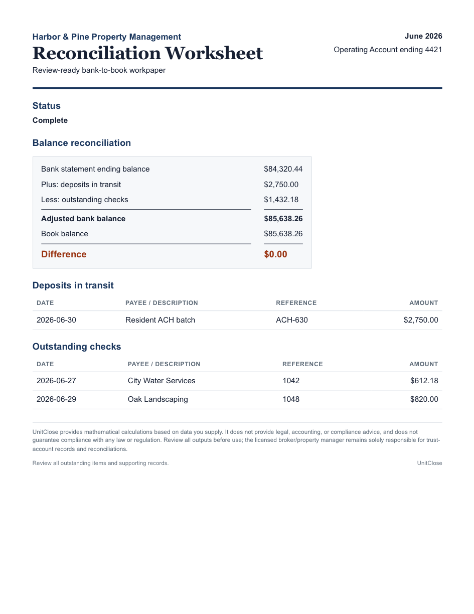 Synthetic UnitClose bank-to-book reconciliation workpaper