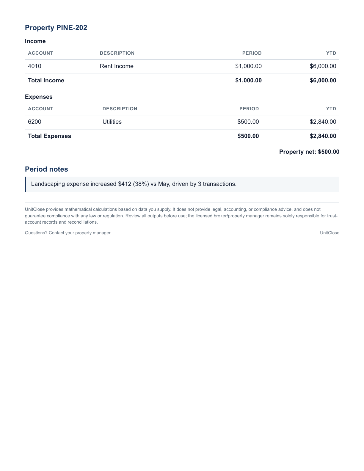 Page two of a synthetic UnitClose owner statement